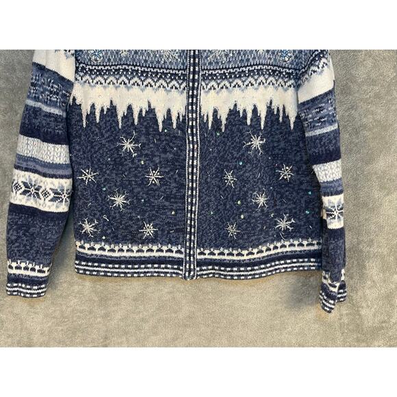 Tiara Int Cardigan Sweater Medium Blue Beaded Snowflakes Christmas Winter - Picture 3 of 5